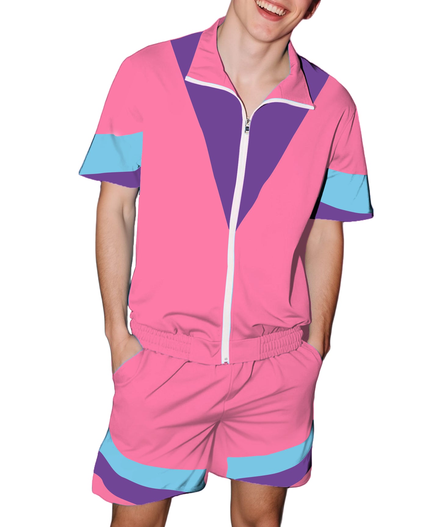 UOUA 80s Outfit for Men 90s Color Block Costumes 2 Piece Retro Short Sleeve Jacket & Shorts Set for Party