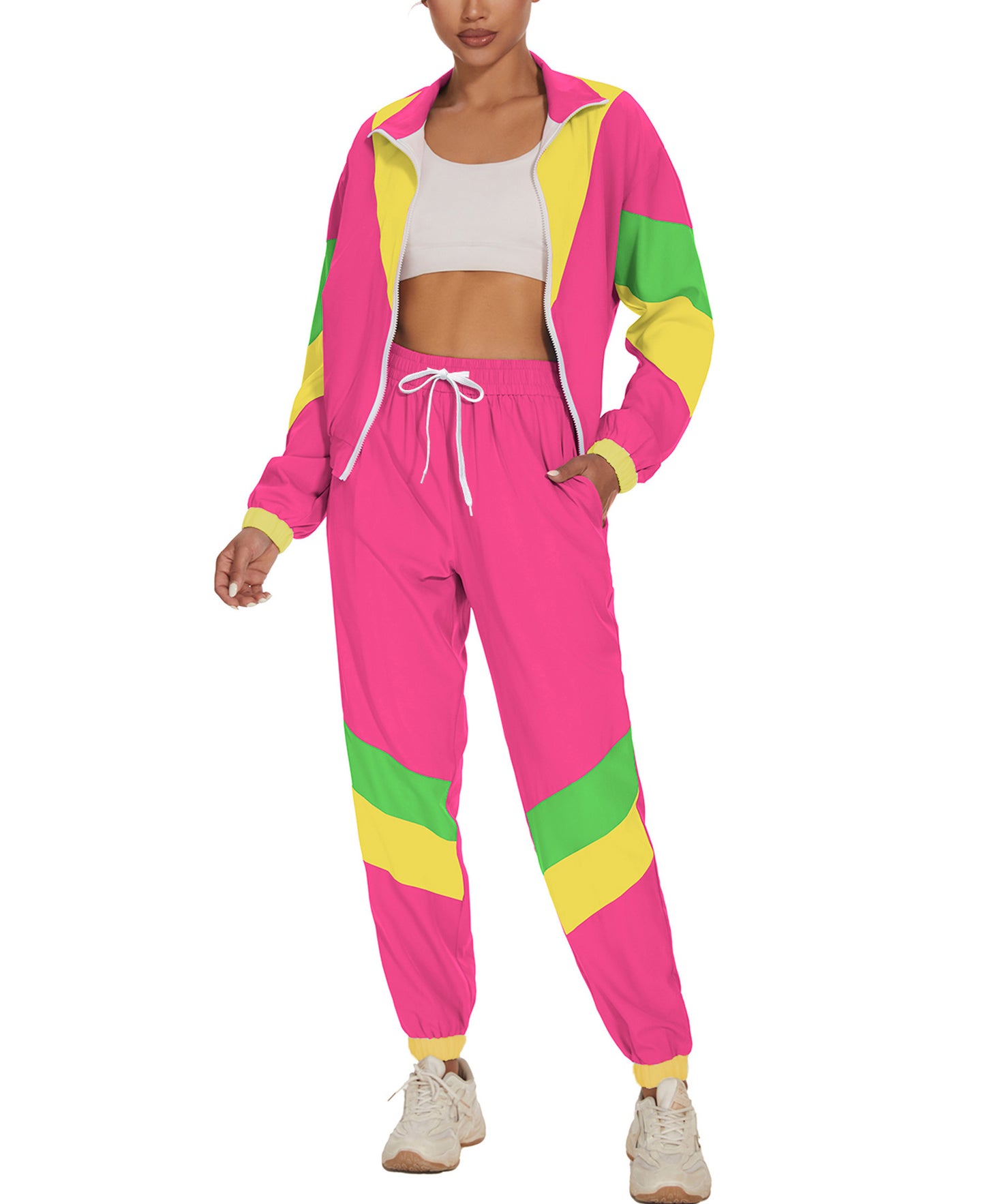 UOUA Women's Color Block 2 Piece 80s 90s Outfits Long Sleeve Windbreaker Jacket Tracksuit Set