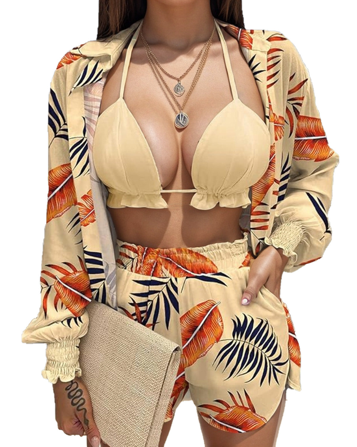 UOUA 3 Piece Swimsuits for Women Hawaiian Outfits Floral Tropical Bikini & Short Sets Summer Beach