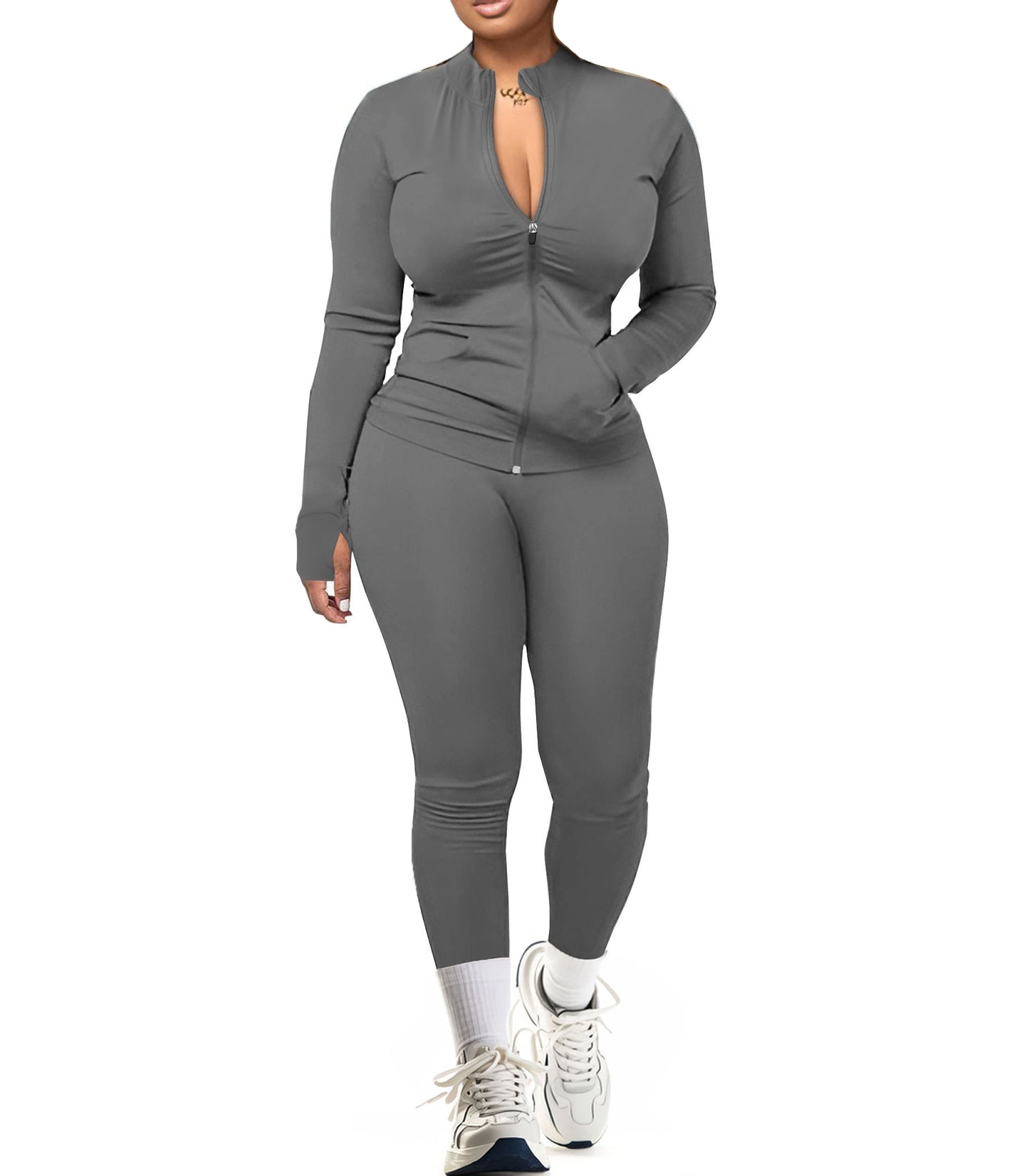 UOUA Two Piece Outfits Women Tracksuit Sets Long Sleeve Zip Up Jacket & Leggings for Gym Workout Set