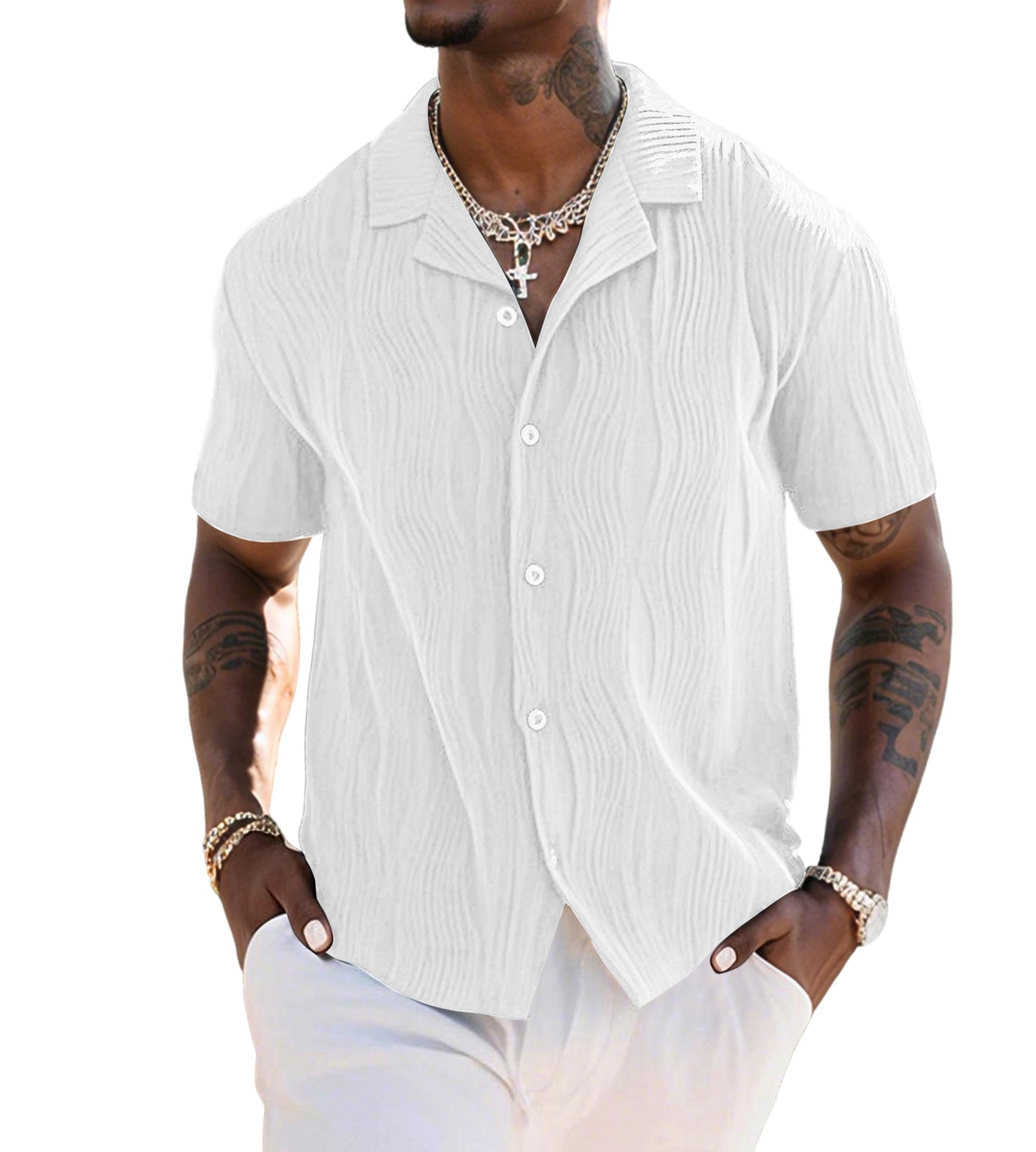 UOUA Men's Summer Button Down Shirts Casual Short Sleeve Textured Beach Shirt