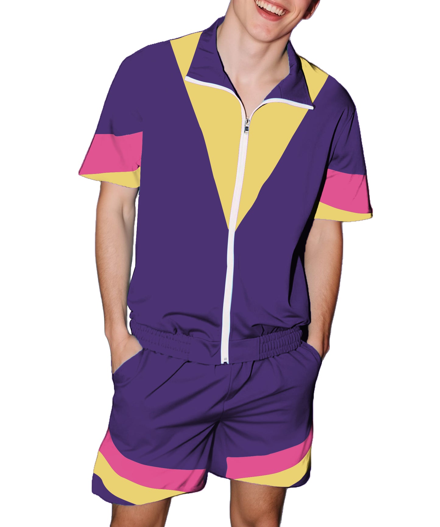 UOUA 80s Outfit for Men 90s Color Block Costumes 2 Piece Retro Short Sleeve Jacket & Shorts Set for Party