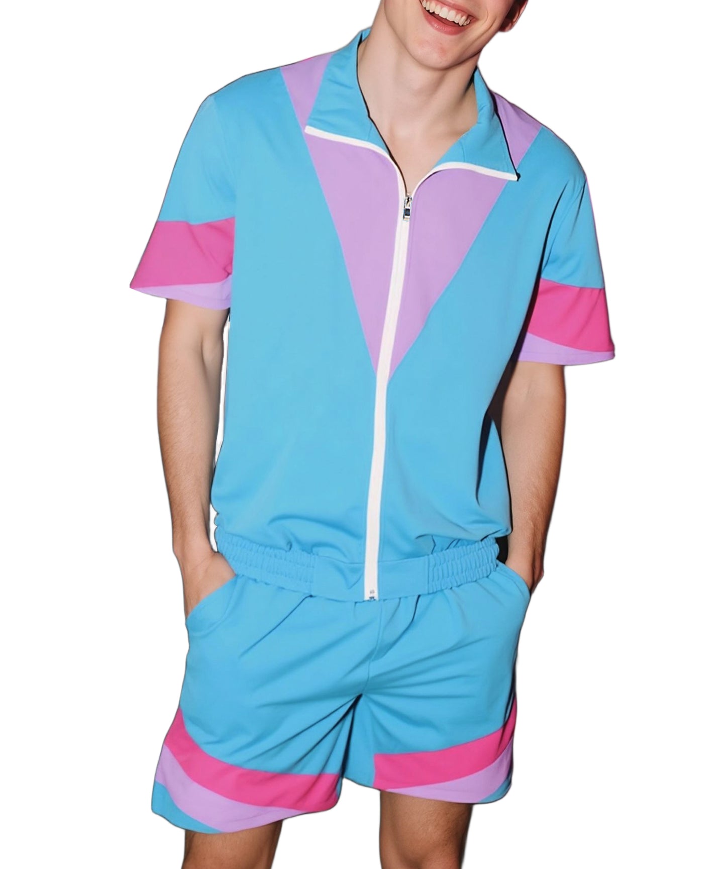 UOUA 80s Outfit for Men 90s Color Block Costumes 2 Piece Retro Short Sleeve Jacket & Shorts Set for Party