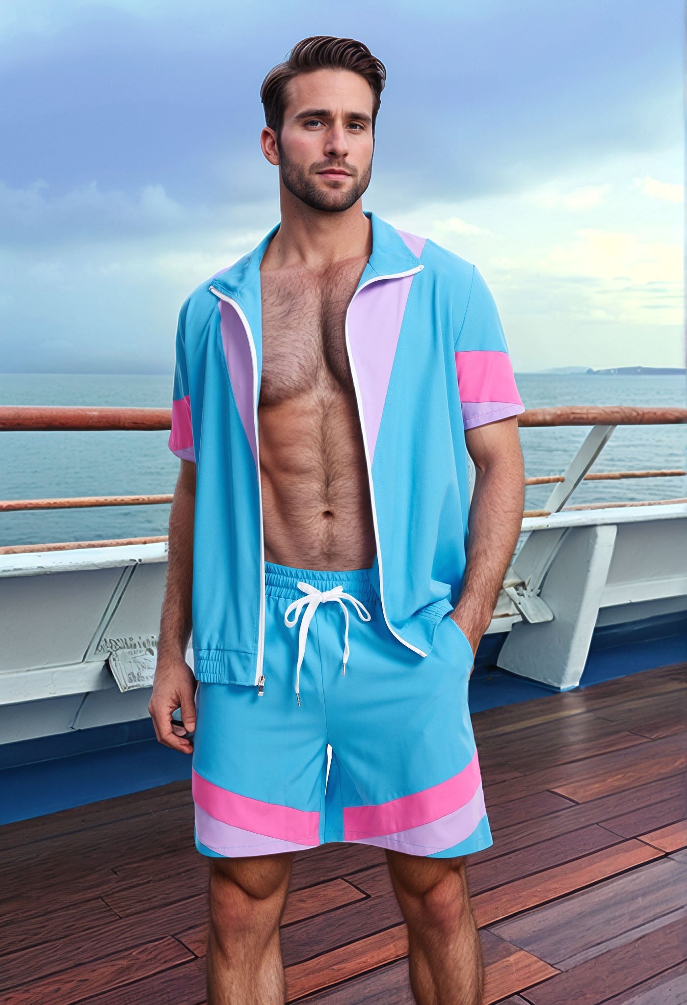 UOUA 80s Outfit for Men 90s Color Block Costumes 2 Piece Retro Short Sleeve Jacket & Shorts Set for Party