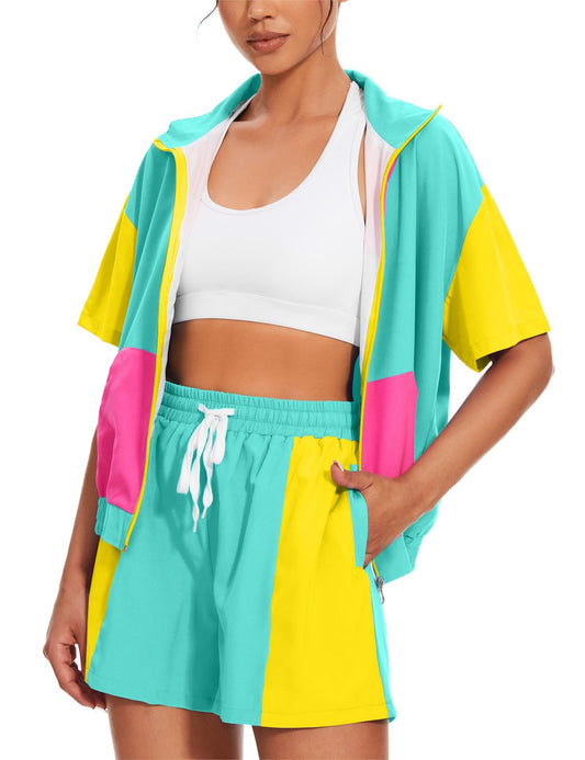 UOUA Women's 80s Color Block Outfits 2 Piece Tracksuit 90s Party Costume Summer Zip Up Windbreaker & Short Sets