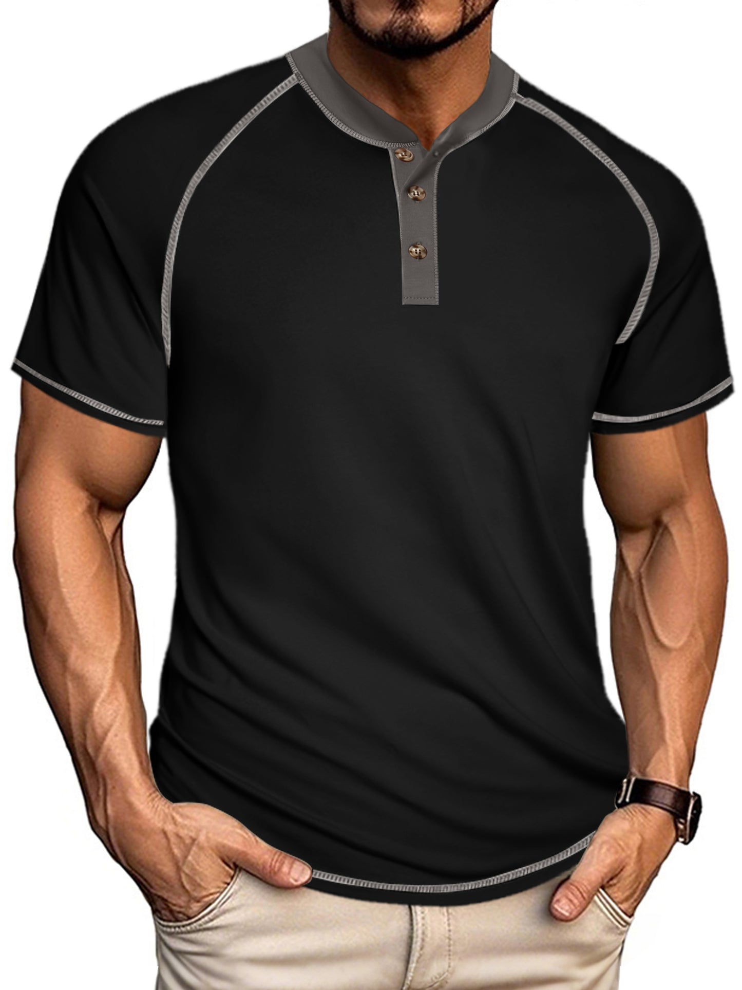 UOUA Men's Henley Shirts Raglan Short Sleeve Casual T-Shirts Cotton Basic Tops