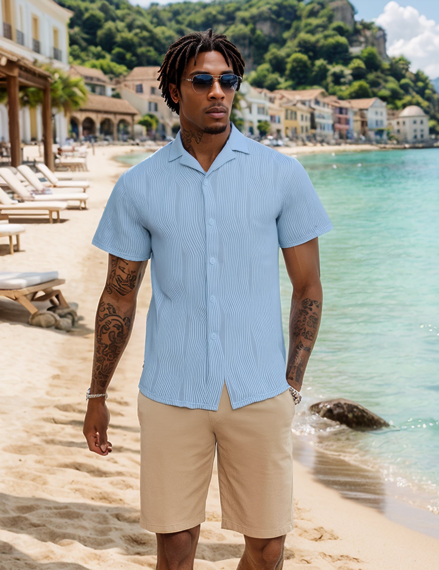 UOUA Men's Summer Button Down Shirts Casual Short Sleeve Textured Beach Shirt