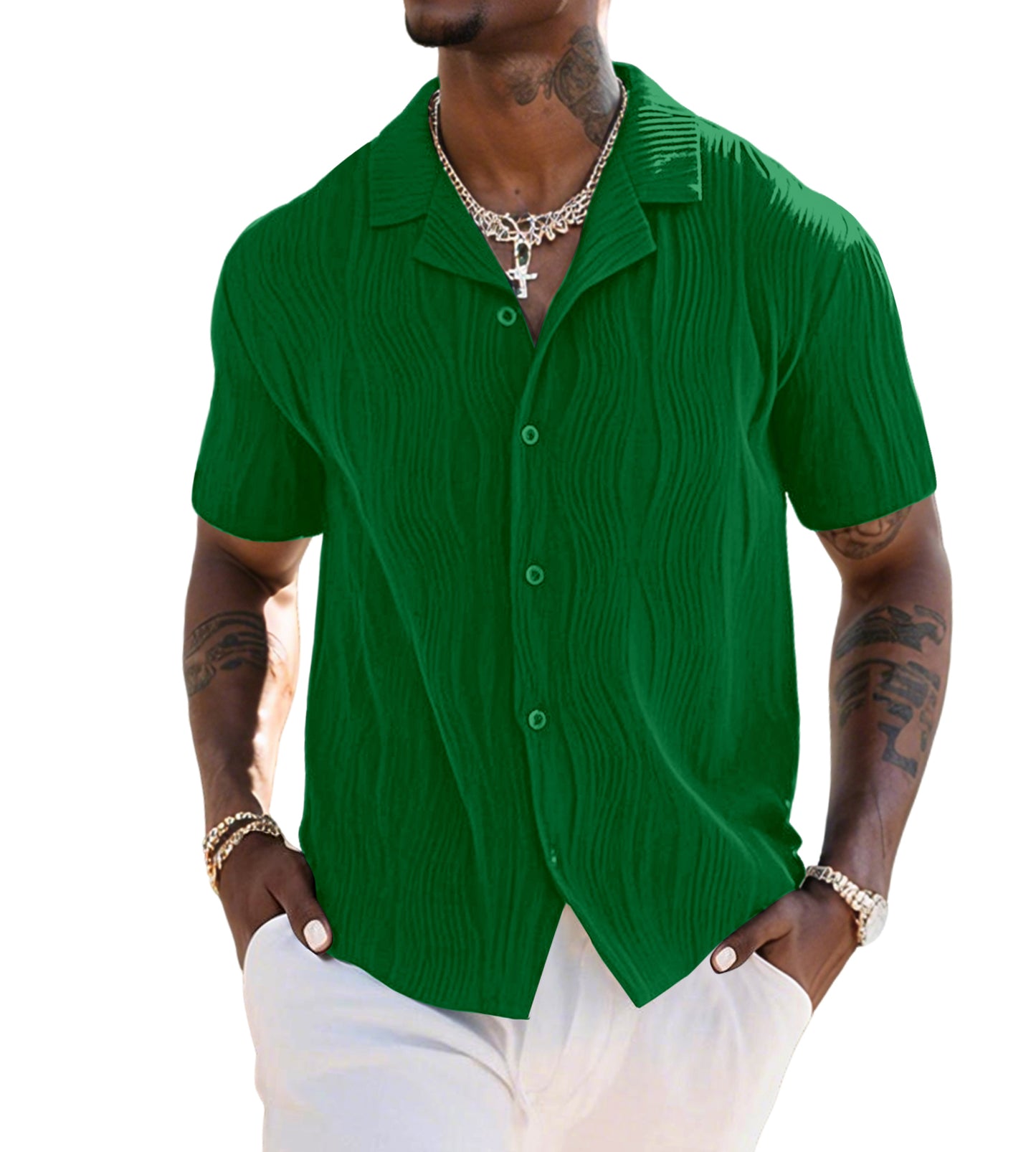 UOUA Men's Summer Button Down Shirts Casual Short Sleeve Textured Beach Shirt