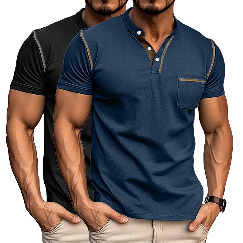 2pcs Men's Henley Shirts Short Sleeve Casual T-Shirts Cotton Basic Tops