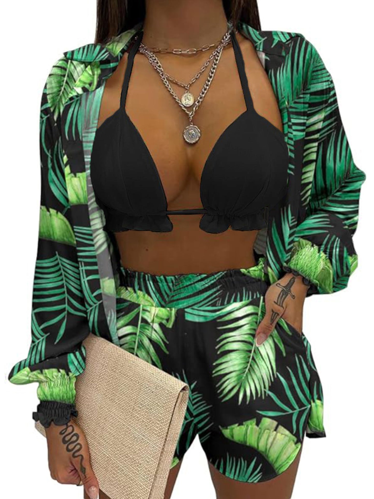 UOUA 3 Piece Swimsuits for Women Hawaiian Outfits Floral Tropical Bikini & Short Sets Summer Beach