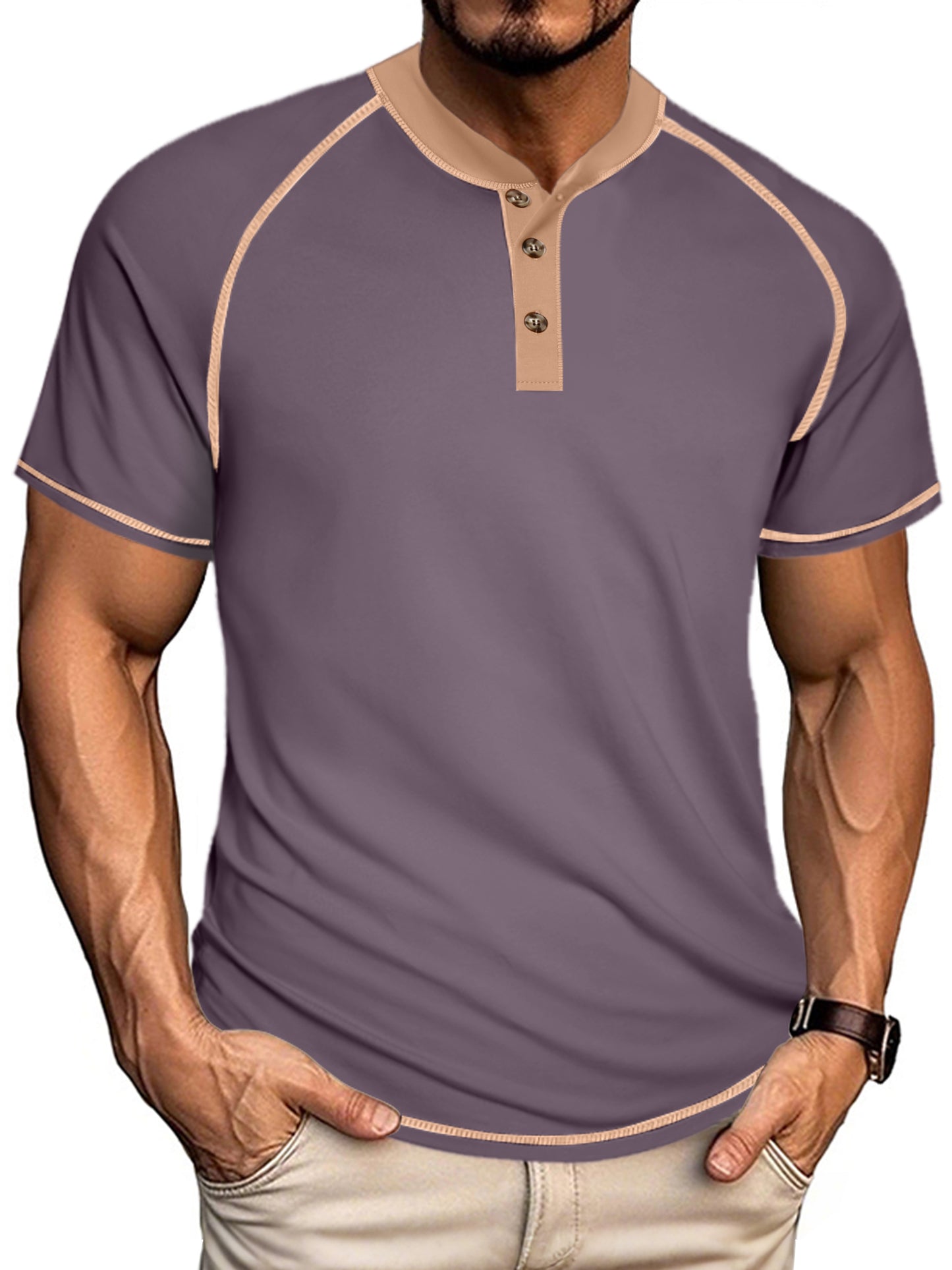 UOUA Men's Henley Shirts Raglan Short Sleeve Casual T-Shirts Cotton Basic Tops