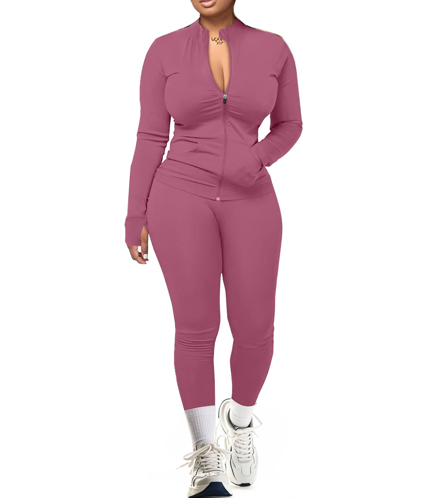 UOUA Two Piece Outfits Women Tracksuit Sets Long Sleeve Zip Up Jacket & Leggings for Gym Workout Set
