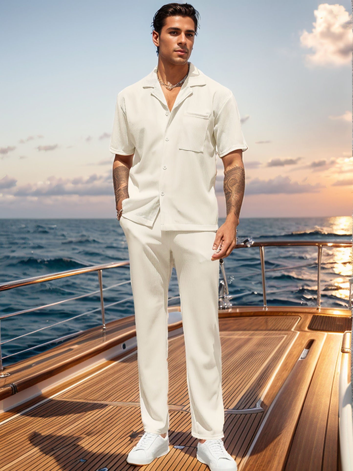 UOUA Mens Summer 2 Piece Set Casual Outfits Button Short Sleeve Shirt & Loose Pants Textured Striped Tracksuit
