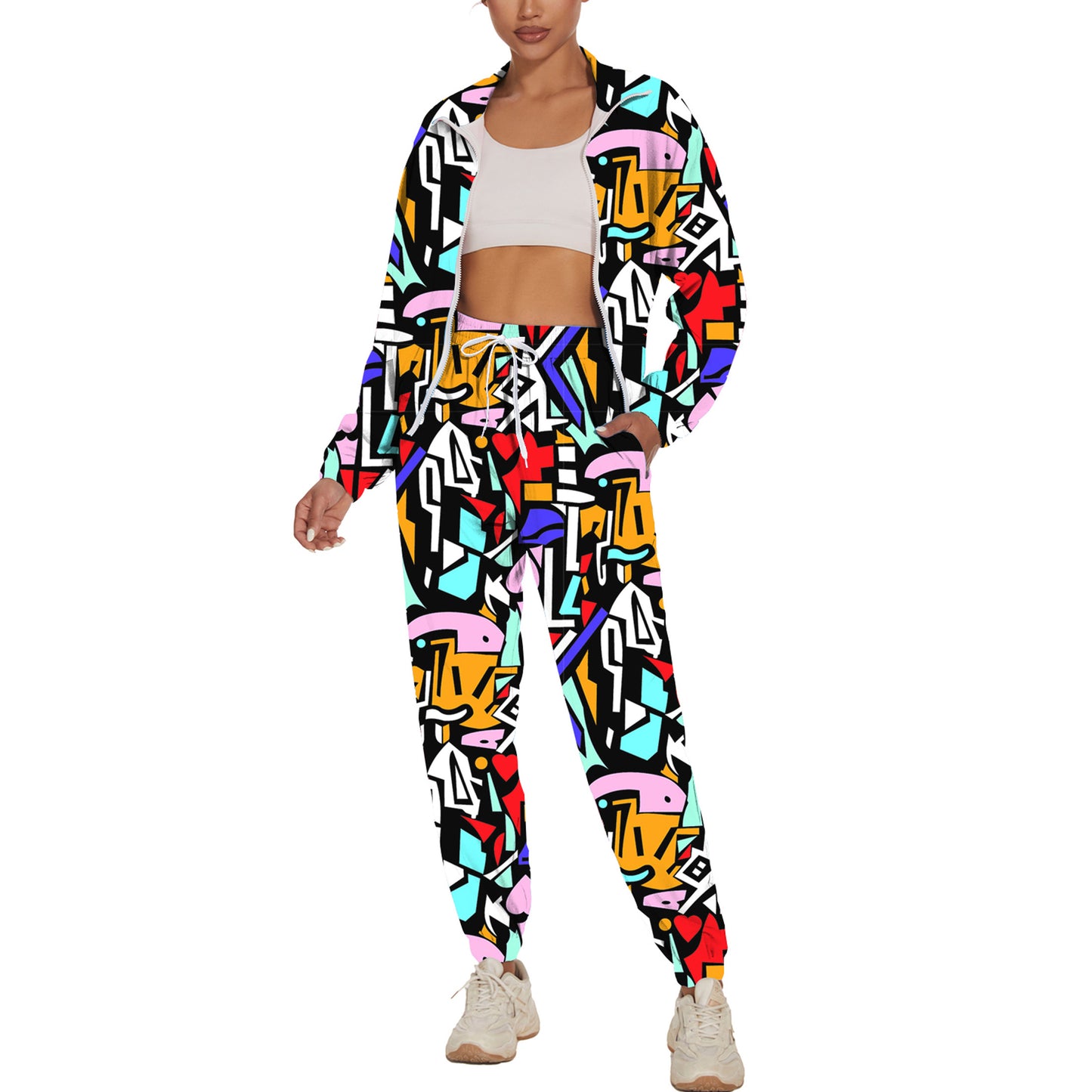 UOUA Women's Color Block 2 Piece 80s 90s Outfits Long Sleeve Windbreaker Jacket Tracksuit Set