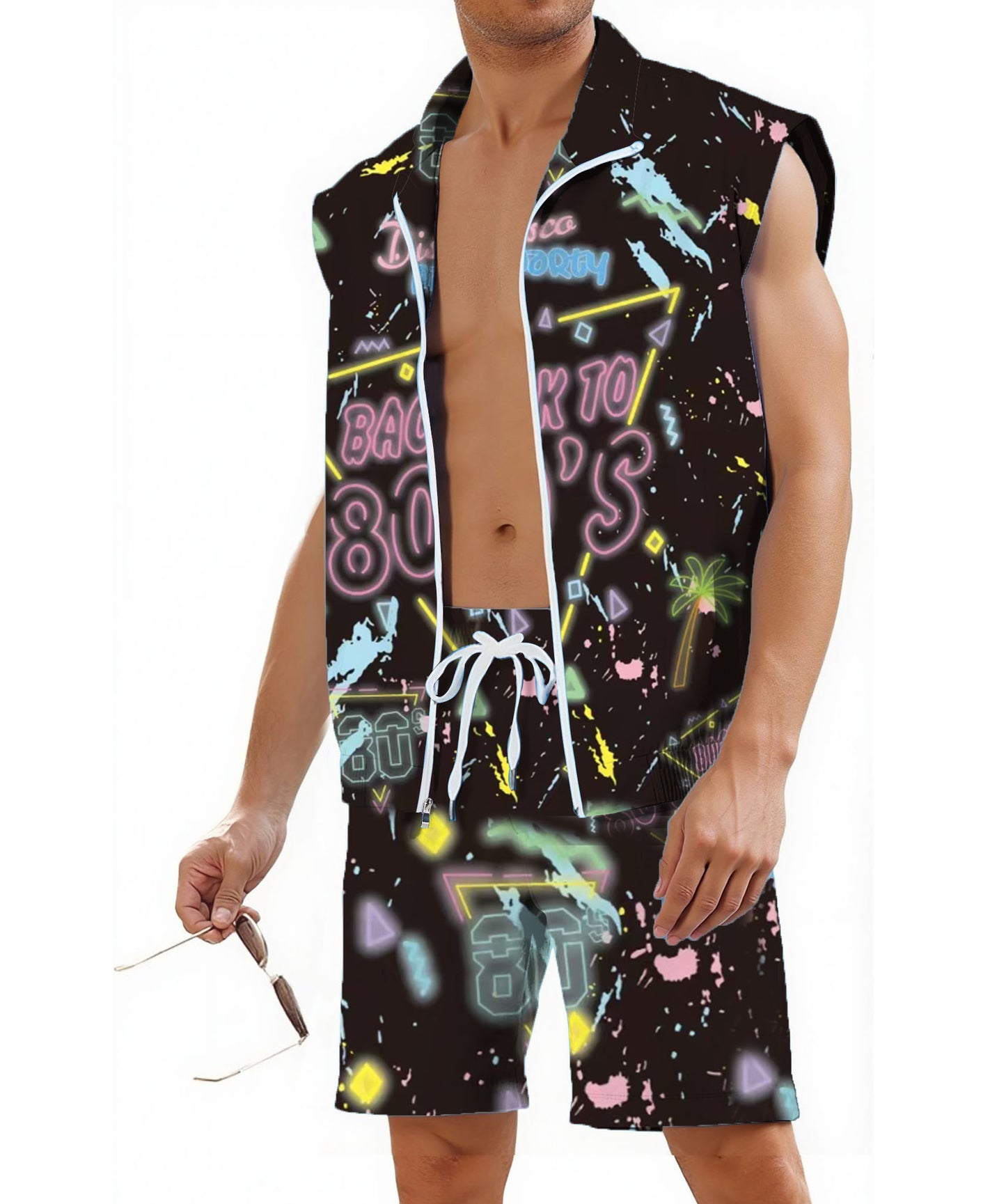 Men 80s Outfit 90s Costume 2 Piece Shorts Set Themed Party Clothes