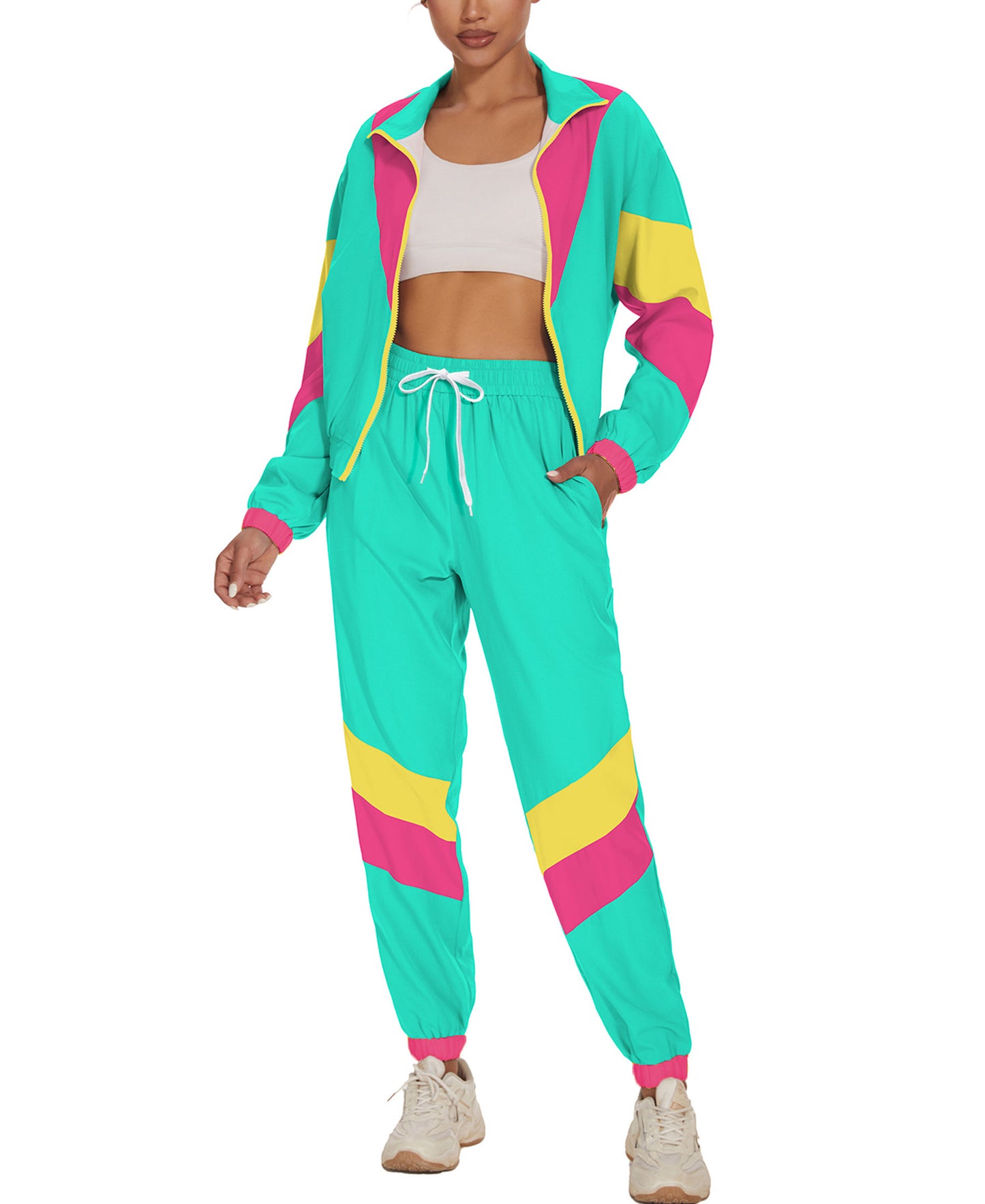UOUA Women's Color Block 2 Piece 80s 90s Outfits Long Sleeve Windbreaker Jacket Tracksuit Set