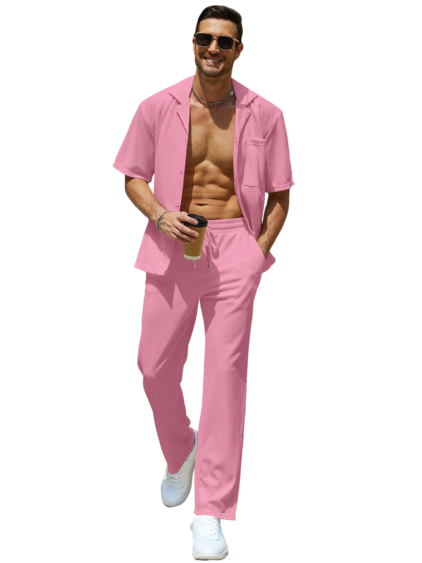 UOUA Mens Summer 2 Piece Set Casual Outfits Button Short Sleeve Shirt & Loose Pants Textured Striped Tracksuit
