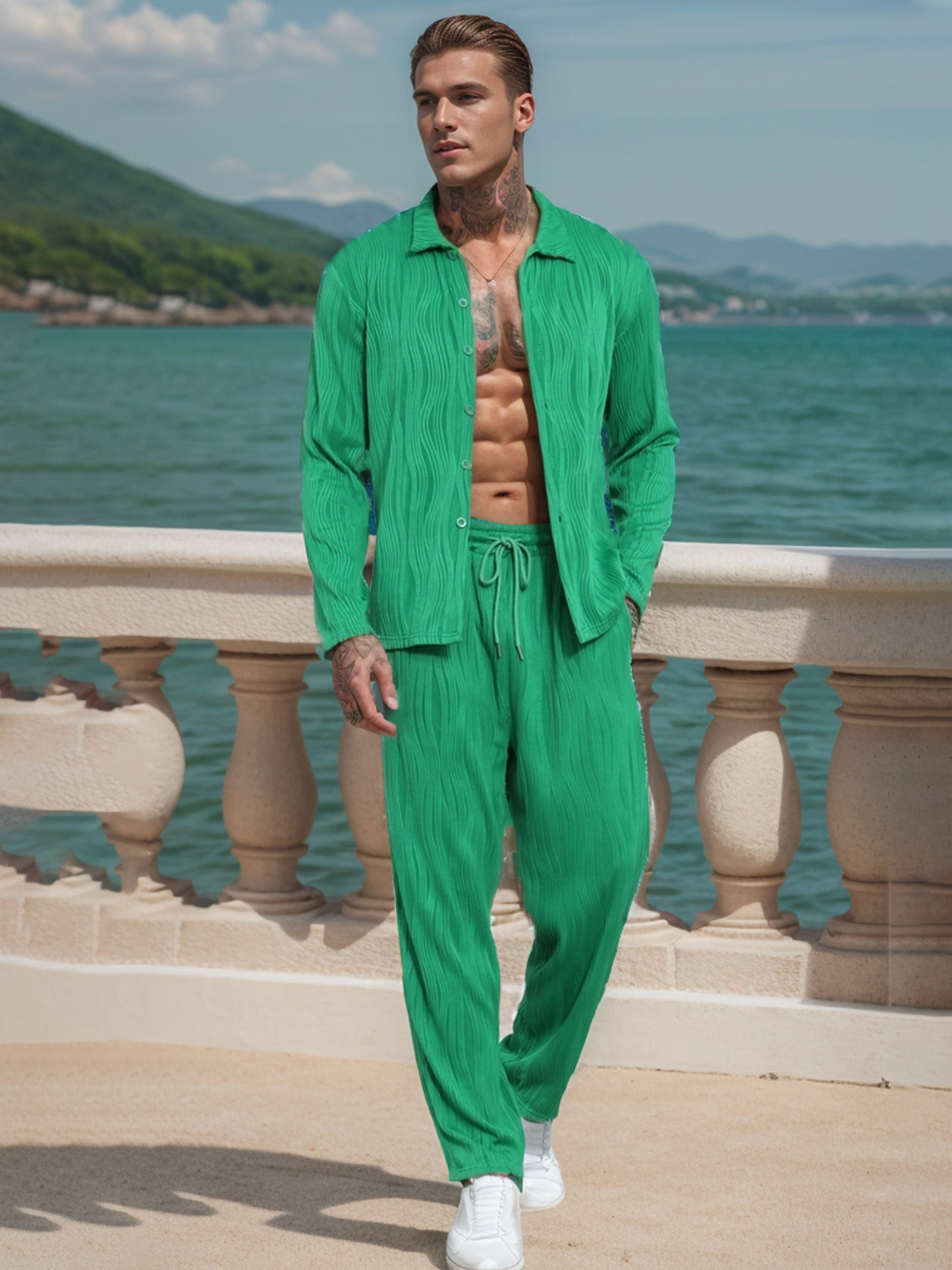 UOUA Mens 2 Piece Outfits Casual Long Sleeve Button Down Shirt & Pants Sets Beach Summer Loose Pant Suits