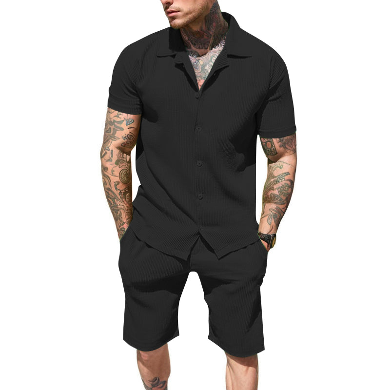UOUA 2 Piece Short Sets for Men Summer Beach Outfits Stripe Texture Button Down Shirts & Shorts Casual Vacation Set