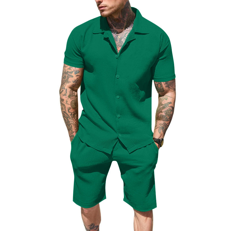 UOUA 2 Piece Short Sets for Men Summer Beach Outfits Stripe Texture Button Down Shirts & Shorts Casual Vacation Set