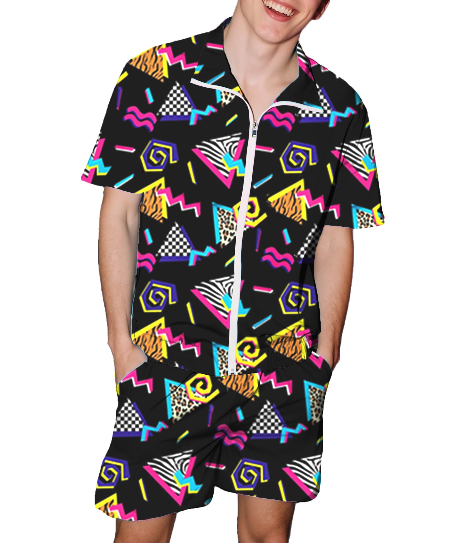 UOUA 80s Outfit for Men 90s Color Block Costumes 2 Piece Retro Short Sleeve Jacket & Shorts Set for Party
