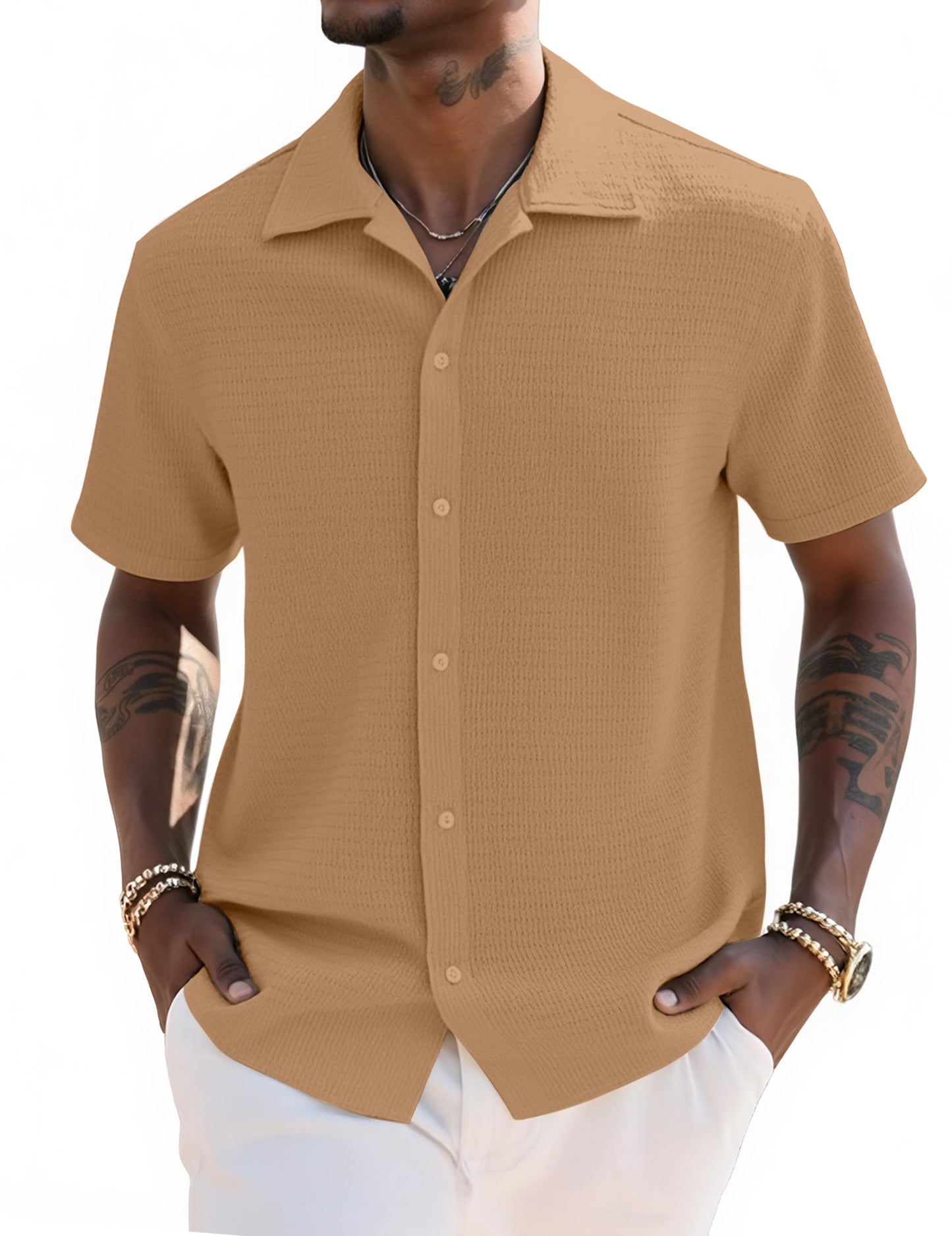 UOUA Men's Casual Button Down Shirts Short Sleeve Summer Textured Tops for Beach Vacation