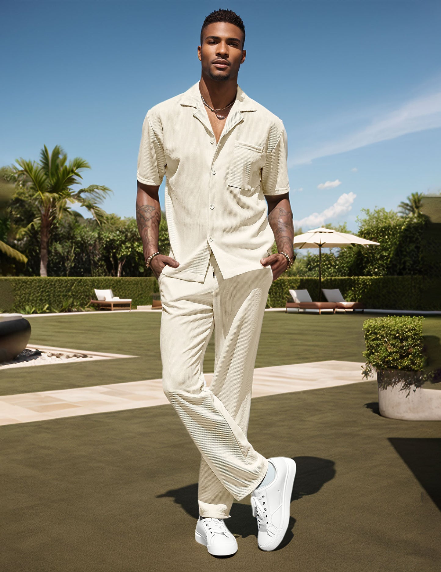 UOUA Mens Summer 2 Piece Set Casual Outfits Button Short Sleeve Shirt & Loose Pants Textured Striped Tracksuit