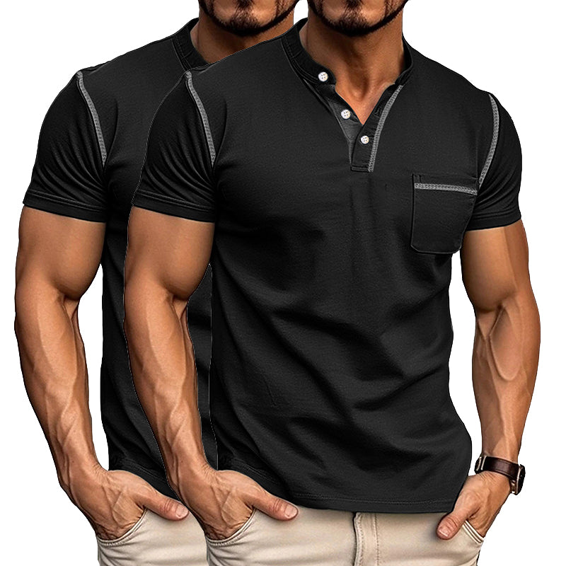2pcs Men's Henley Shirts Short Sleeve Casual T-Shirts Cotton Basic Tops