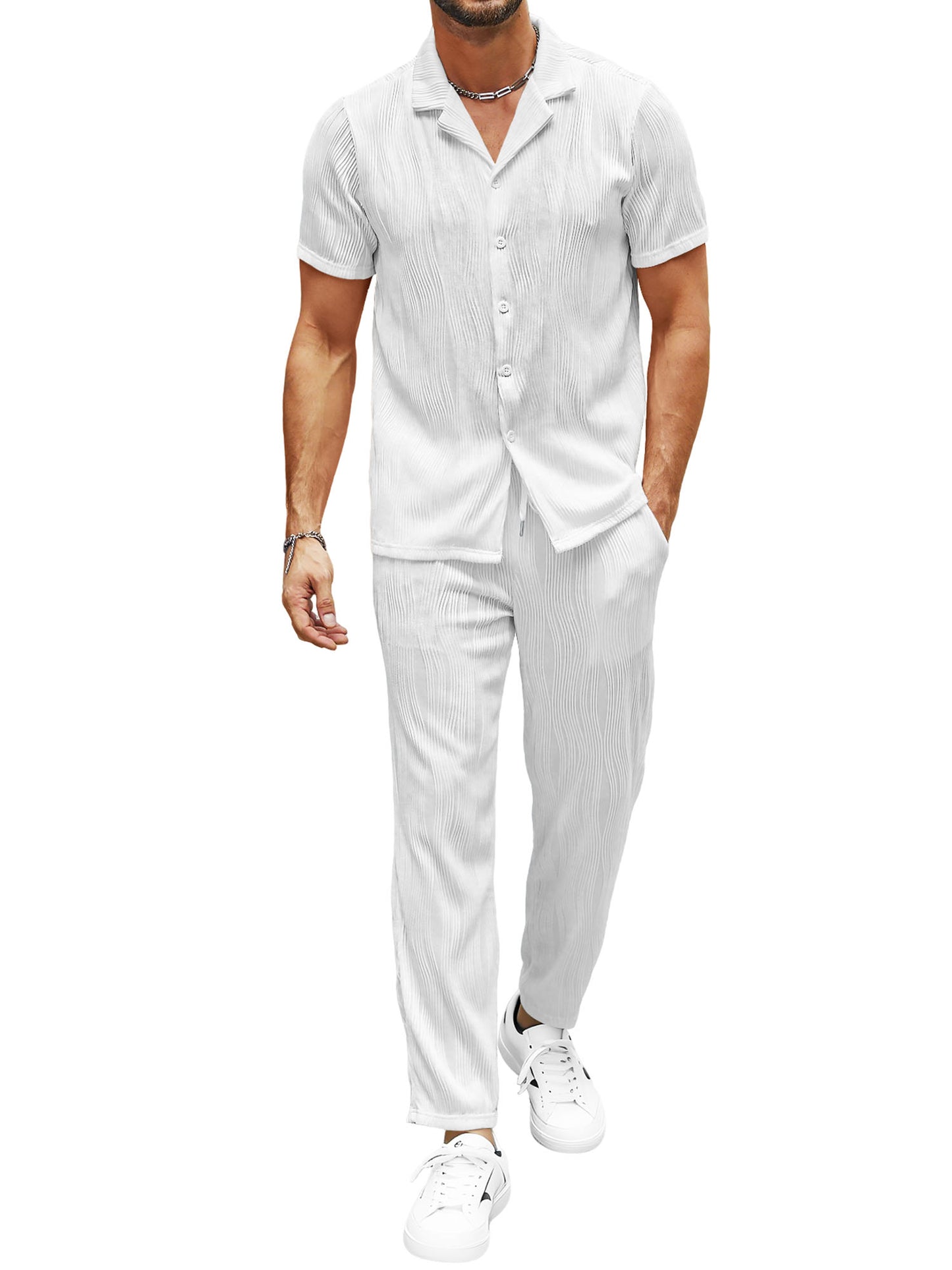 UOUA Mens 2 Piece Outfits Casual short Sleeve Button Down Shirt & Pants Sets Beach Summer Loose Pant Suits