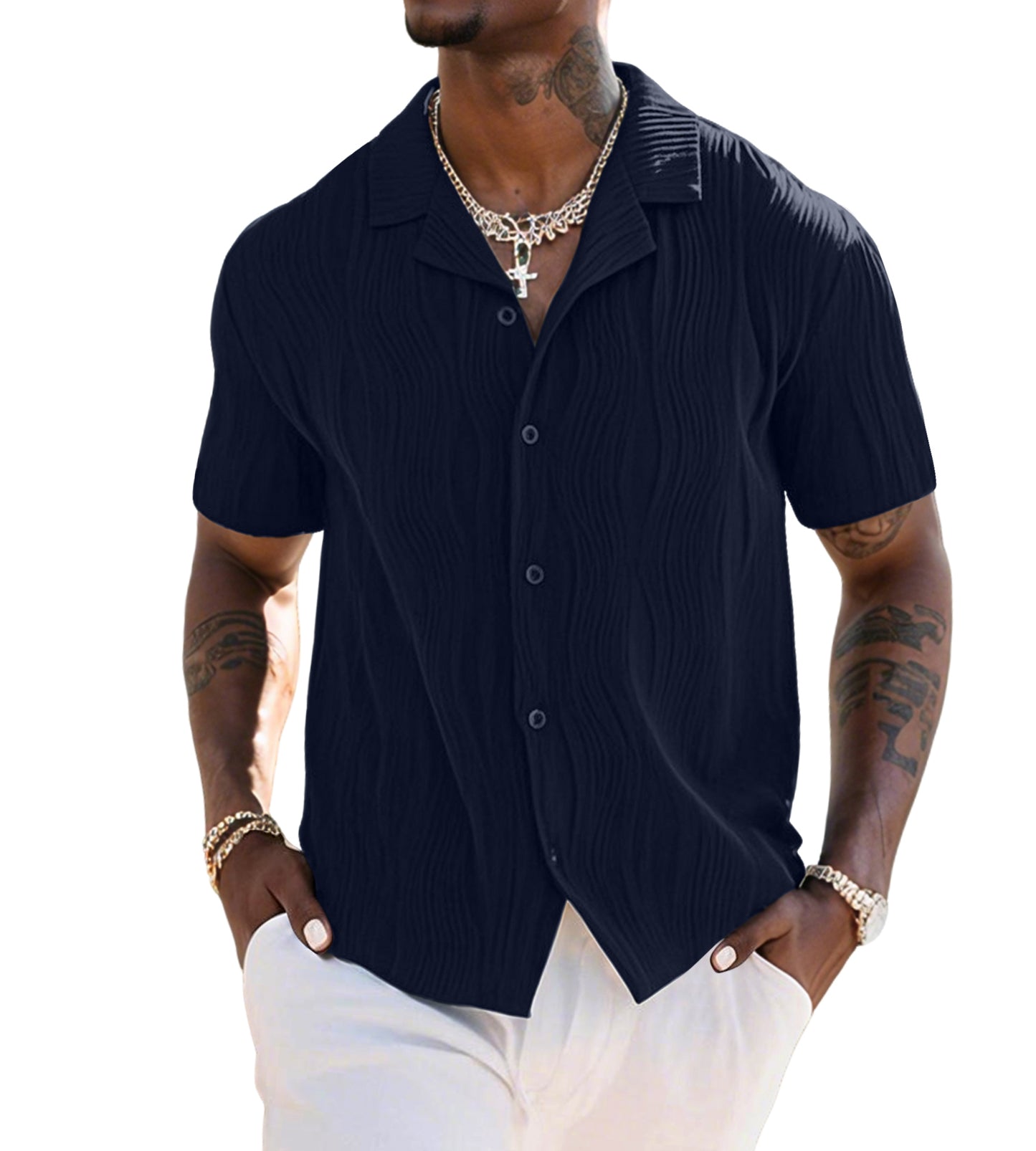 UOUA Men's Summer Button Down Shirts Casual Short Sleeve Textured Beach Shirt