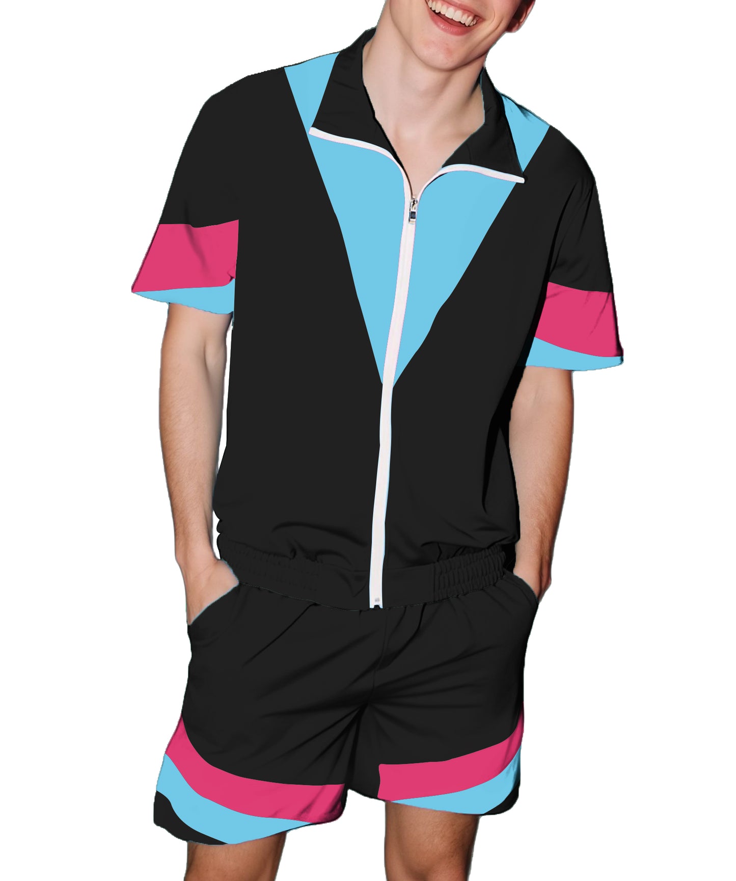UOUA 80s Outfit for Men 90s Color Block Costumes 2 Piece Retro Short Sleeve Jacket & Shorts Set for Party