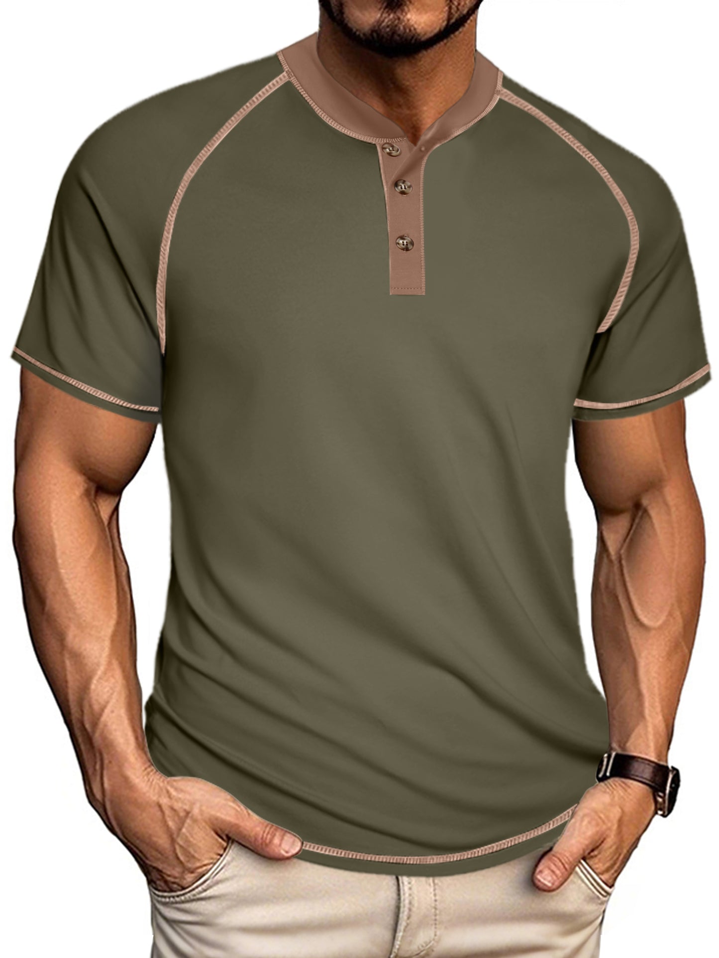 UOUA Men's Henley Shirts Raglan Short Sleeve Casual T-Shirts Cotton Basic Tops