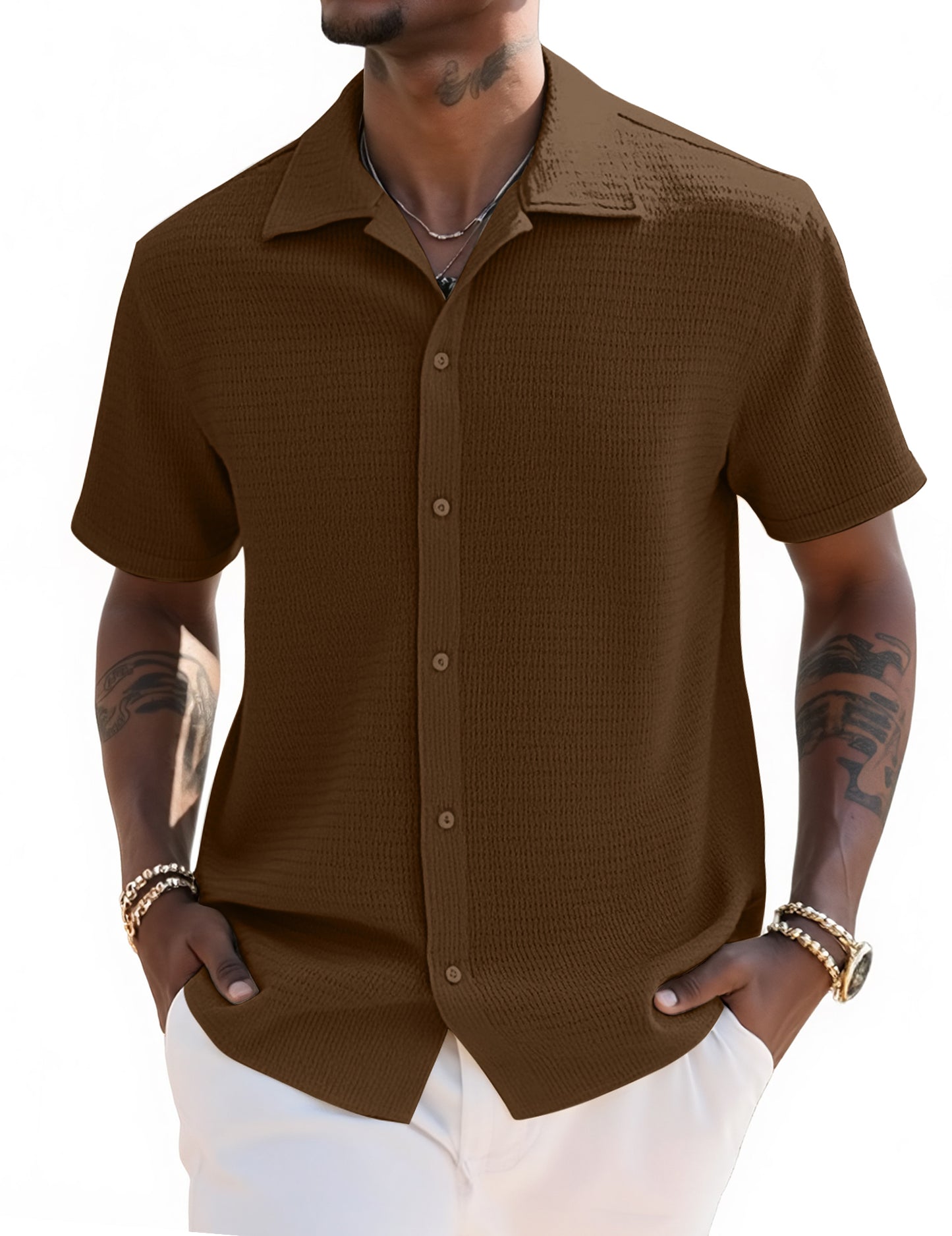 UOUA Men's Casual Button Down Shirts Short Sleeve Summer Textured Tops for Beach Vacation