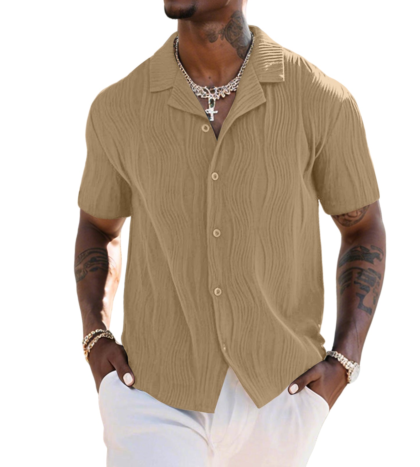 UOUA Men's Summer Button Down Shirts Casual Short Sleeve Textured Beach Shirt