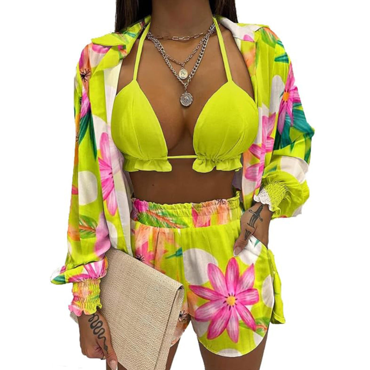 UOUA 3 Piece Swimsuits for Women Hawaiian Outfits Floral Tropical Bikini & Short Sets Summer Beach