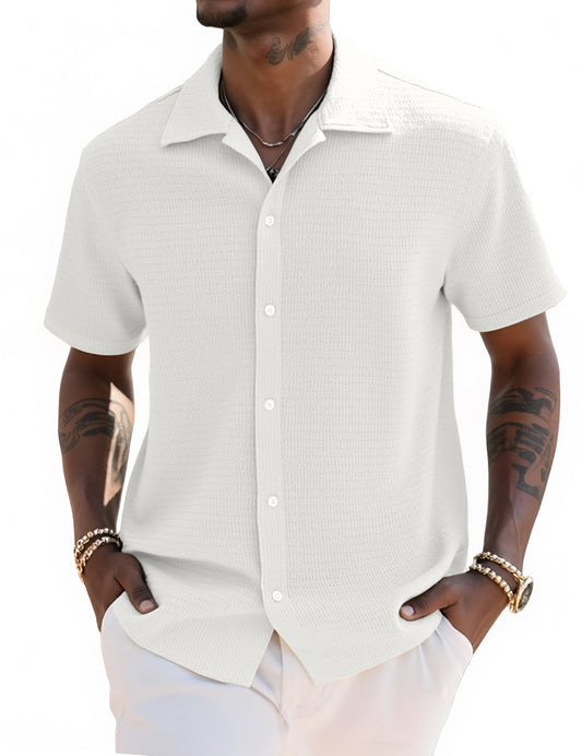 UOUA Men's Casual Button Down Shirts Short Sleeve Summer Textured Tops for Beach Vacation