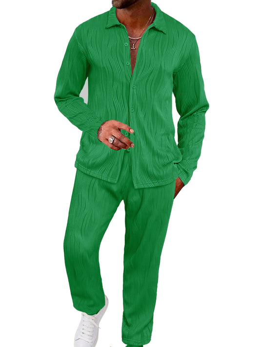 UOUA Mens 2 Piece Outfits Casual Long Sleeve Button Down Shirt & Pants Sets Beach Summer Loose Pant Suits