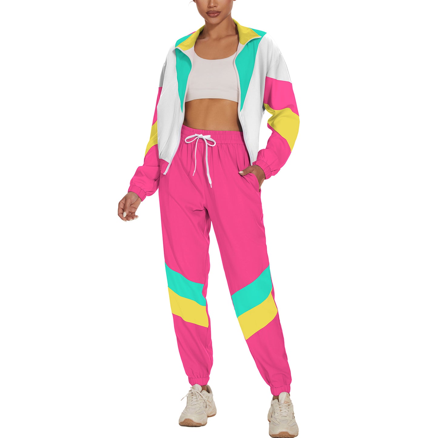 UOUA Women's Color Block 2 Piece 80s 90s Outfits Long Sleeve Windbreaker Jacket Tracksuit Set